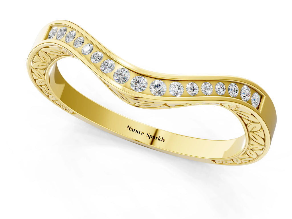 Yellow gold Round Cut Channel Set Wave Band with Pavé Setting