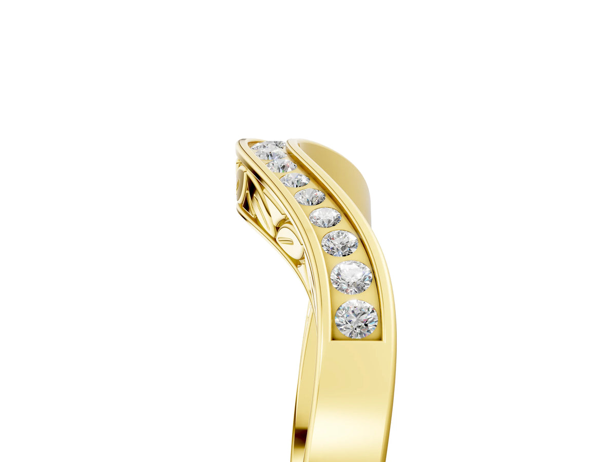 Yellow gold Round Cut Channel Set Wave Band with Pavé Setting