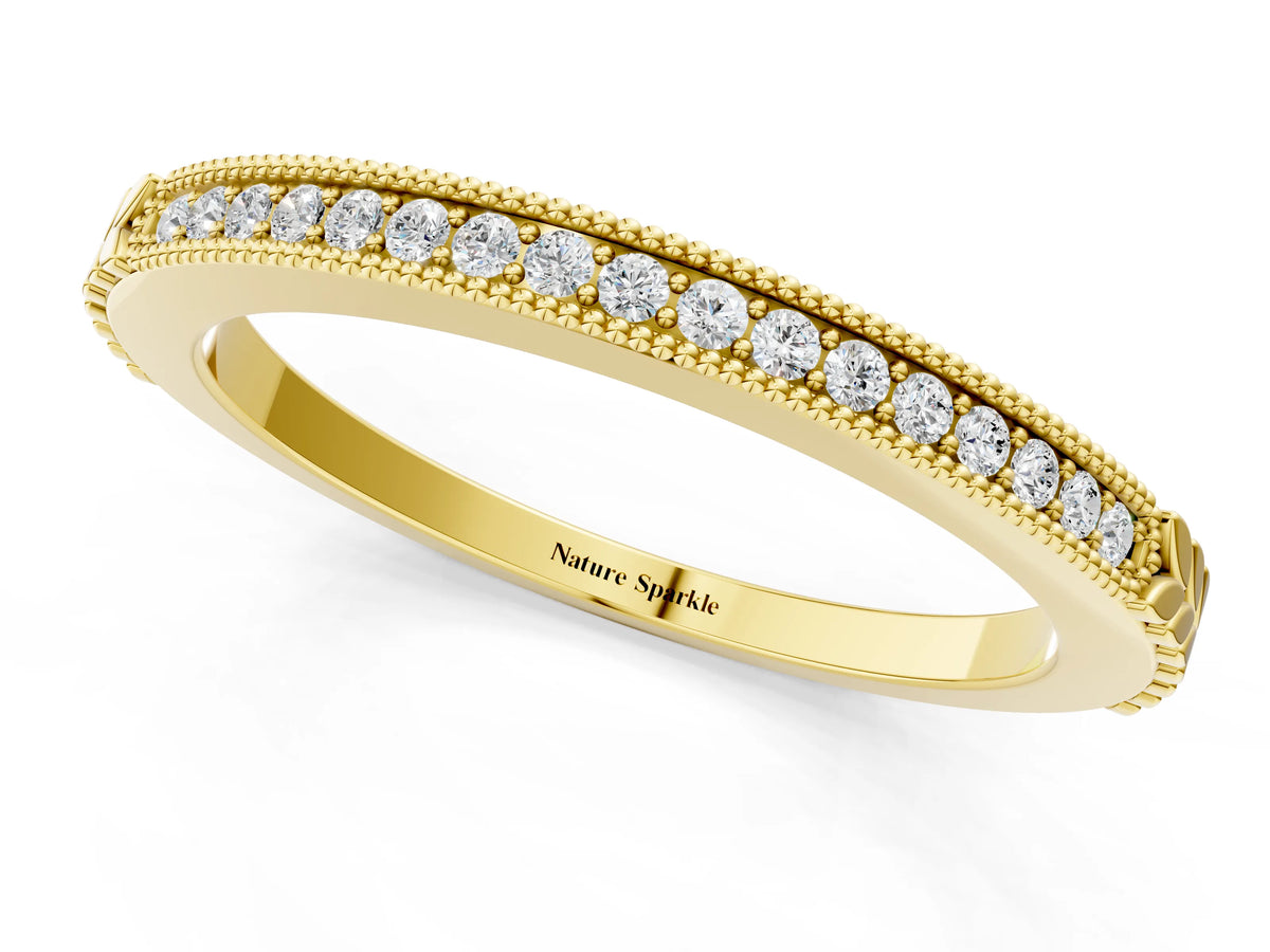 Yellow gold Round Cut Diamond Pavé Set Milgrain Edge Eternity Band