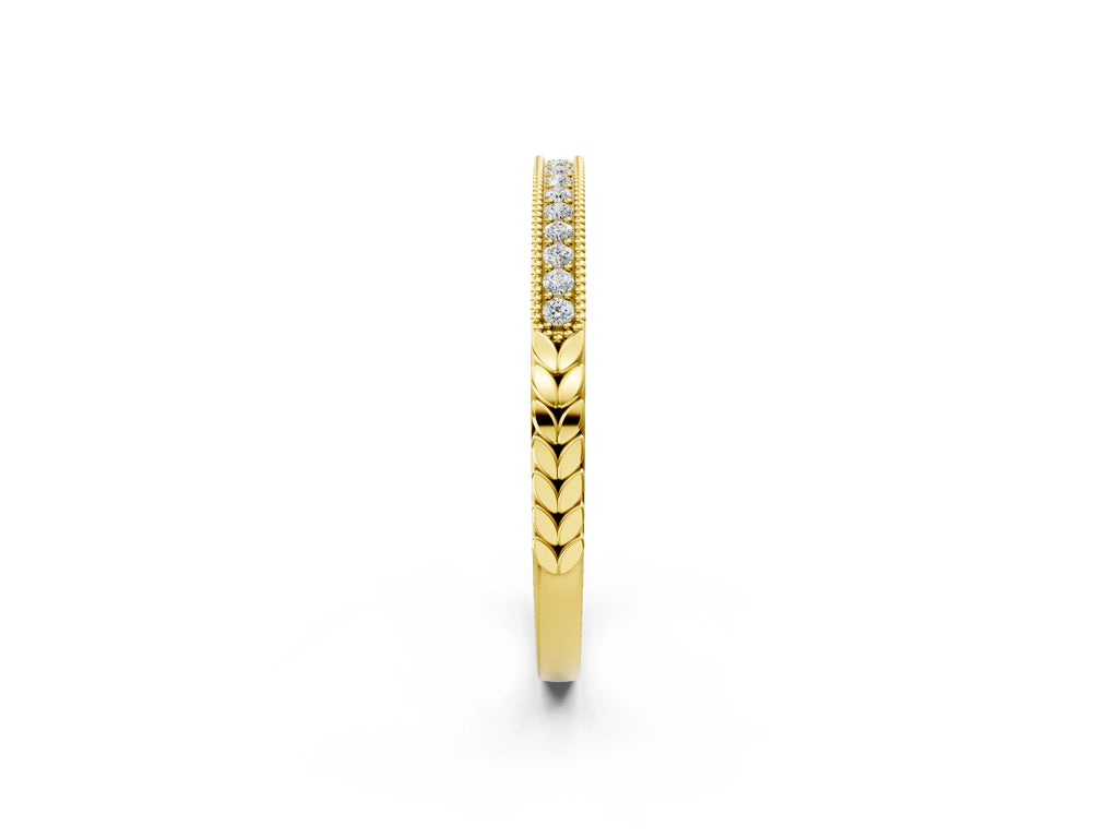 Yellow gold Round Cut Diamond Pavé Set Milgrain Edge Eternity Band