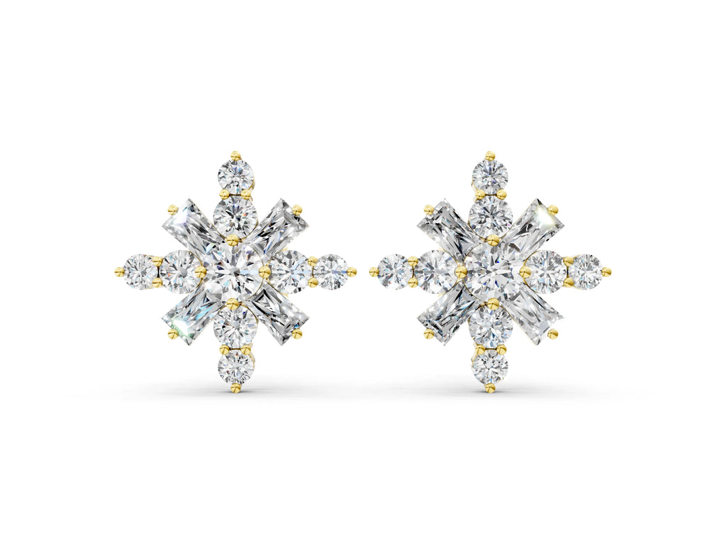 Yellow gold Round Cut Diamond Snowflake Cluster Stud Earrings