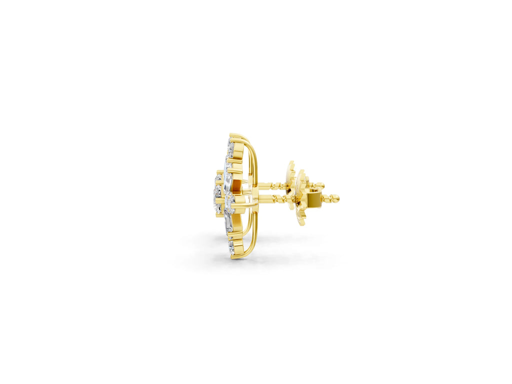 Yellow gold Round Cut Diamond Snowflake Cluster Stud Earrings