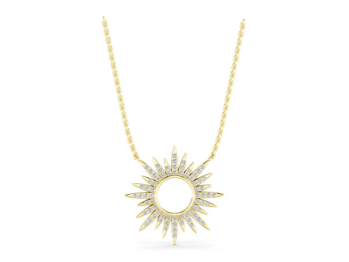 Yellow gold Round Cut Diamond Sunburst Pendant with Pavé Setting