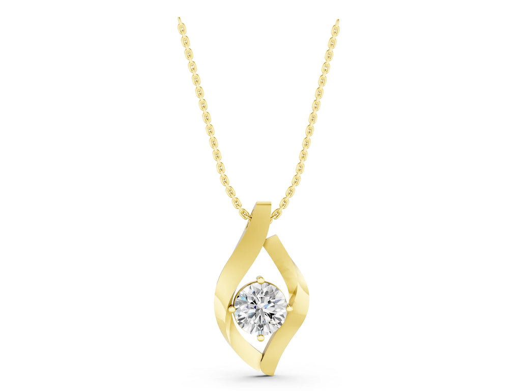 Yellow gold Round Diamond Bezel-Set Leaf Pendant