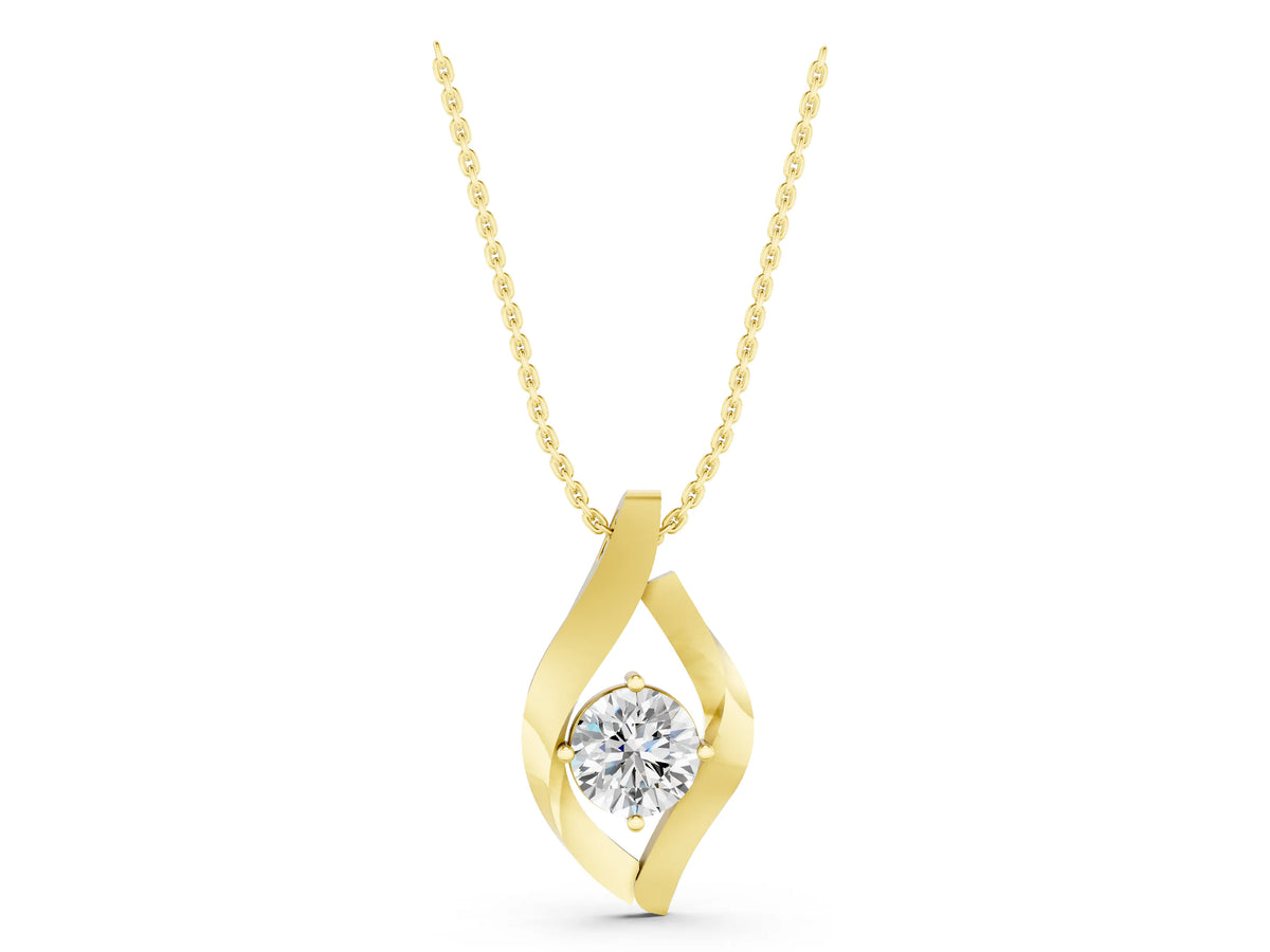 Yellow gold Round Diamond Bezel-Set Leaf Pendant