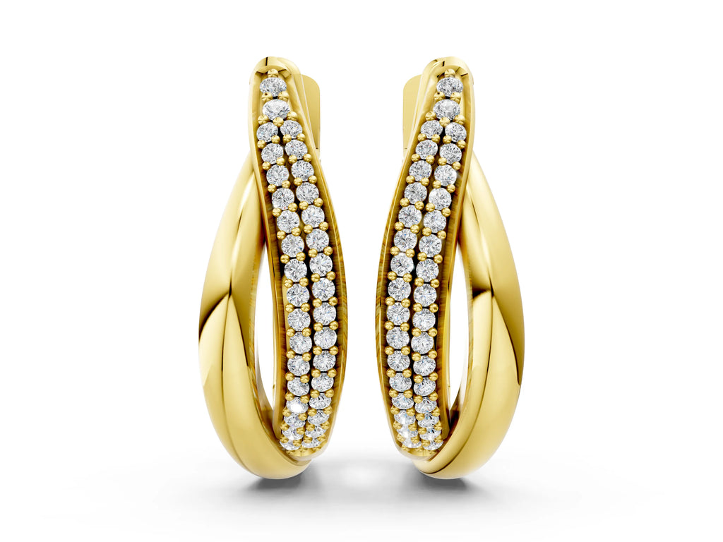 Yellow gold Round Diamond Double Row Huggie Hoop Earrings