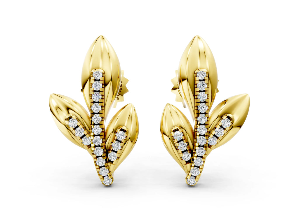 Yellow gold Round Diamond Olive Branch Stud Earrings