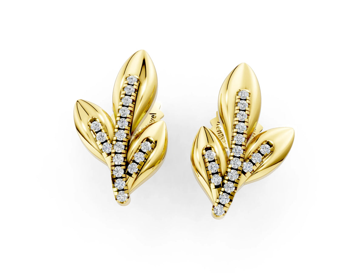 Yellow gold Round Diamond Olive Branch Stud Earrings