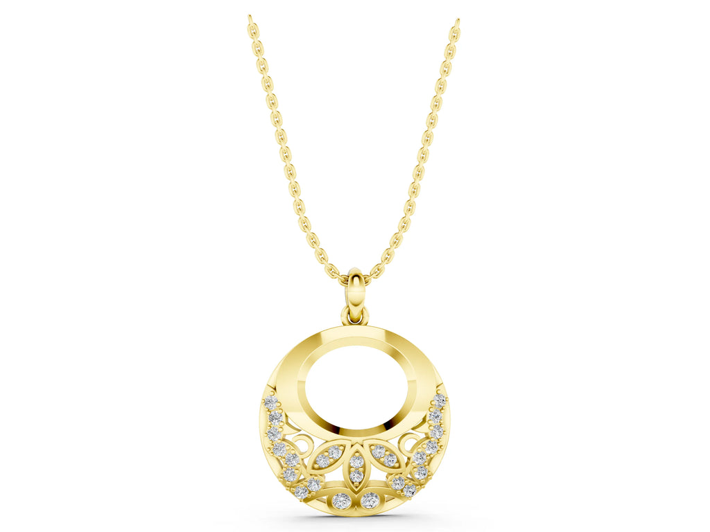 Yellow gold Round Diamond Pavé Leaf Filigree Pendant