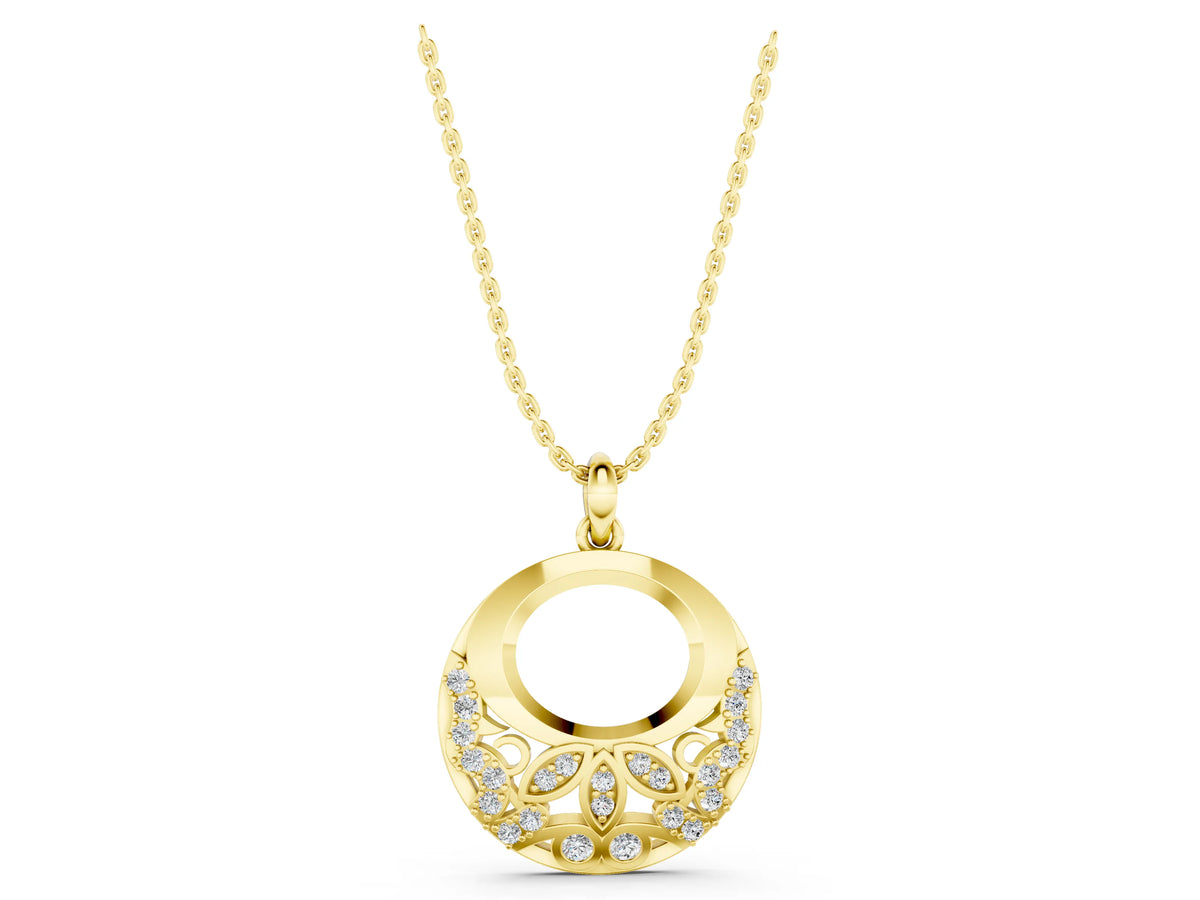 Yellow gold Round Diamond Pavé Leaf Filigree Pendant