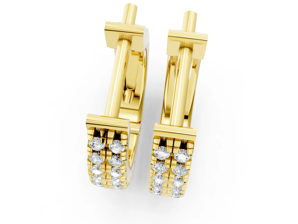 Yellow gold Round Diamond Petite Double Row Huggie Hoop Earrings