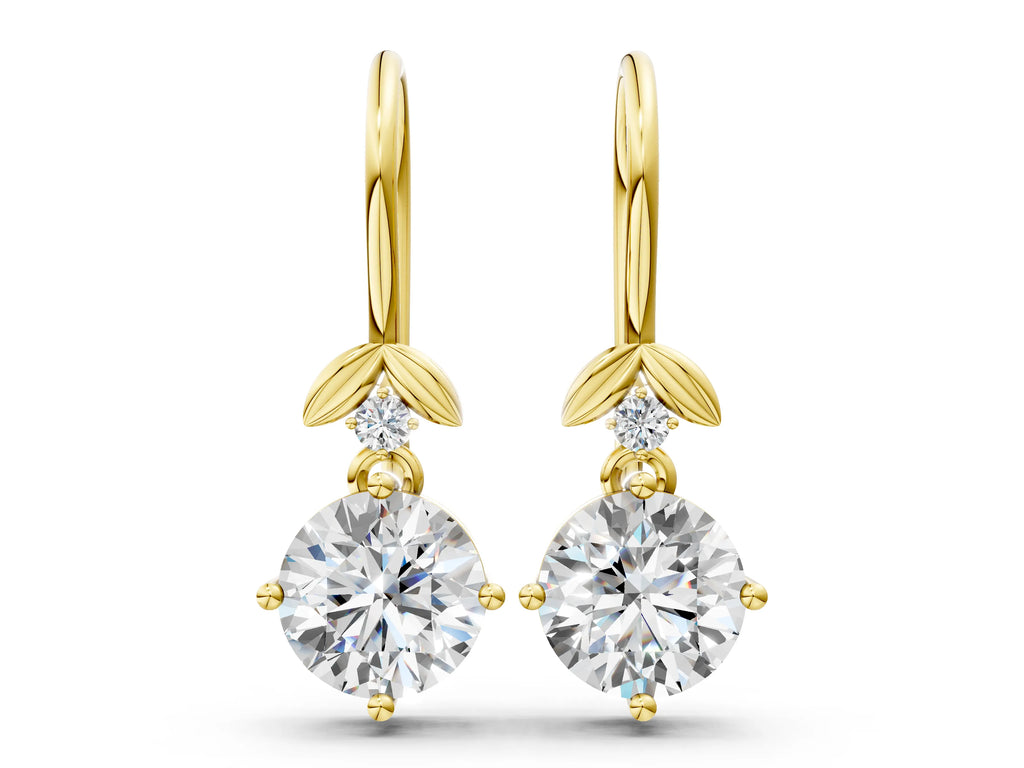 Yellow gold Round Diamond Water Lily Drop Earrings with Diamond Accents