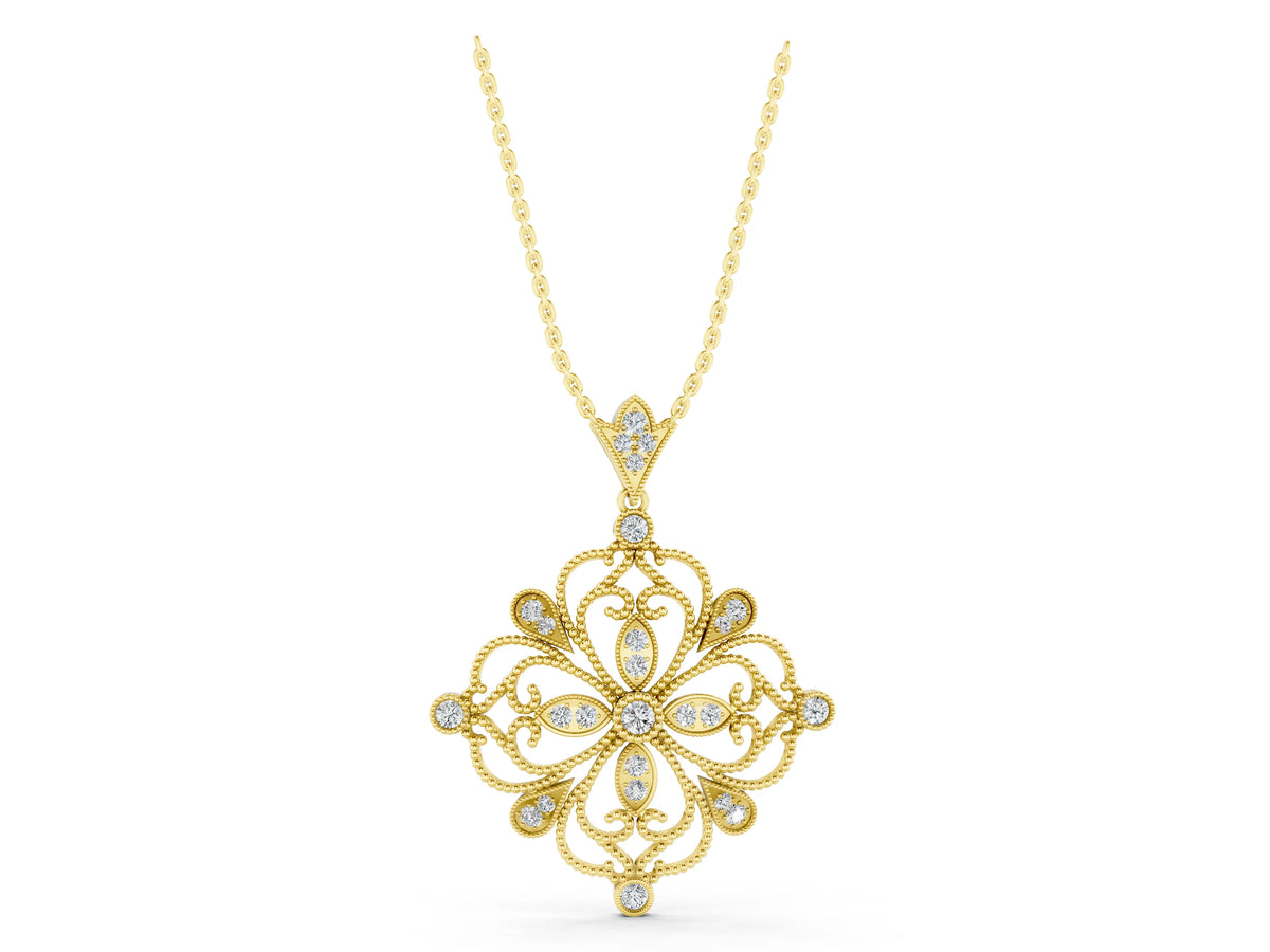 Yellow gold Vintage Floral Diamond Pendant with Round Brilliant Cut and Pavé Setting