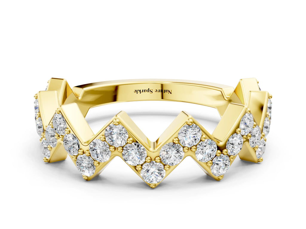Yellow gold Zigzag Diamond Pave Round Eternity Band with Prong Setting