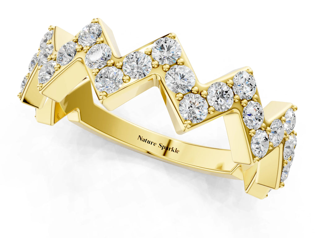 Yellow gold Zigzag Diamond Pave Round Eternity Band with Prong Setting