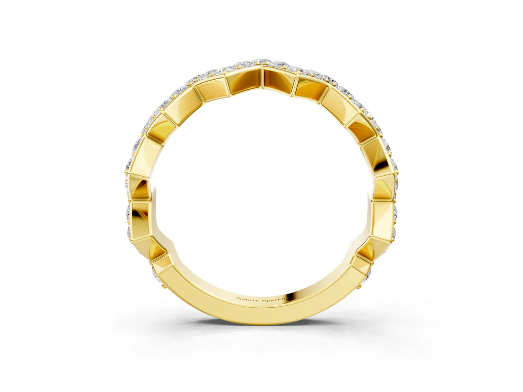 Yellow gold Zigzag Diamond Pave Round Eternity Band with Prong Setting